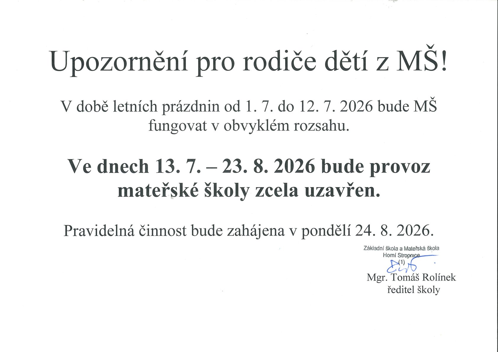 Upozornění pro rodiče dětí z MŠ