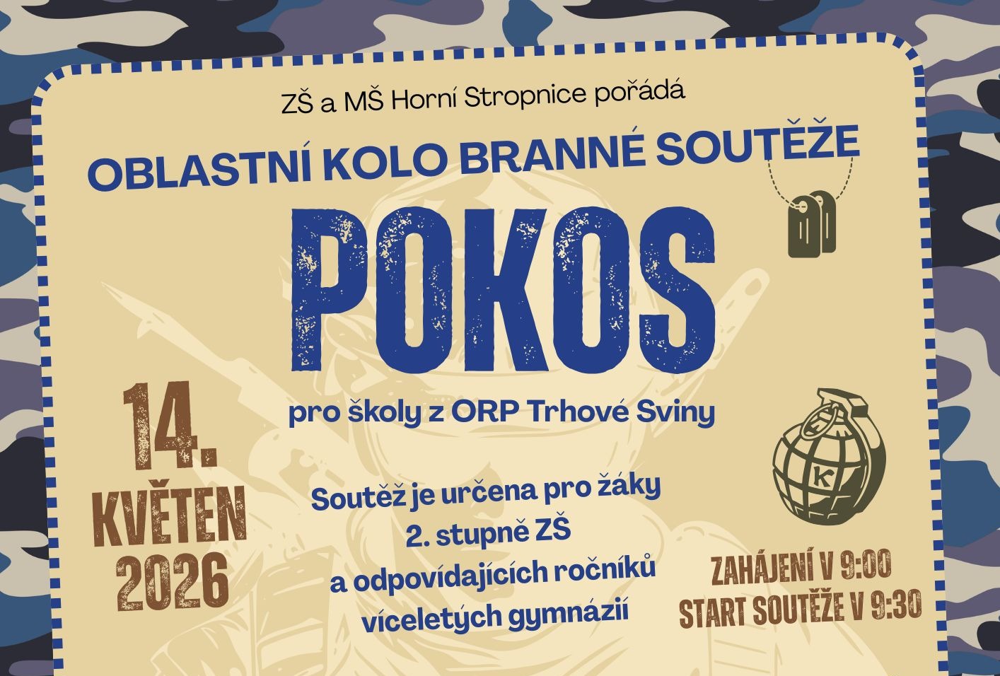Oblastní kolo branné soutěže POKOS se opět uskuteční v naší škole
